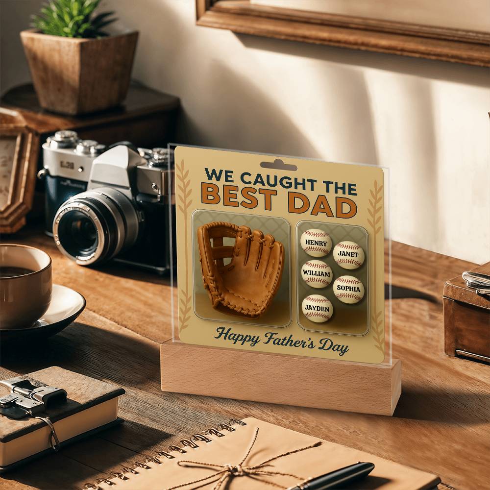 We Caught the Best Dad Baseball & Glove Action Figures Style | Personalized LED Acrylic Plaque | Unique Father's Day Gift for Dad, Gift for Husband