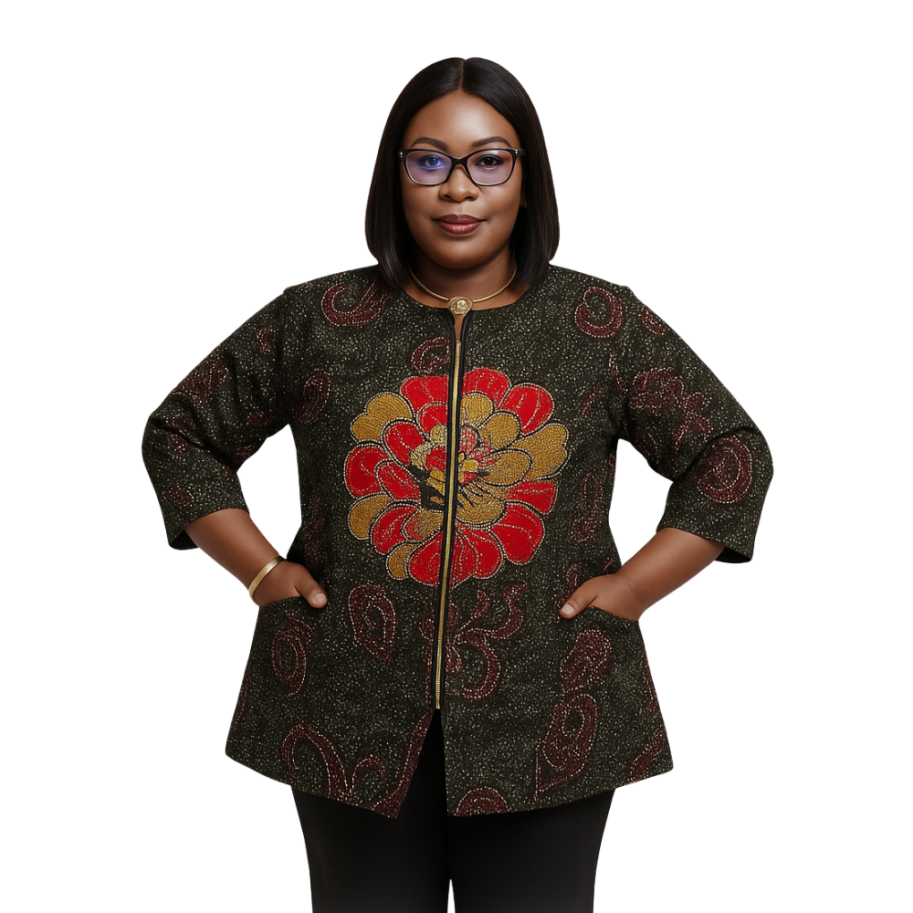 Ọlúwáfémi Jacket | Handcrafted Ankara Floral Jacket with Zipper
