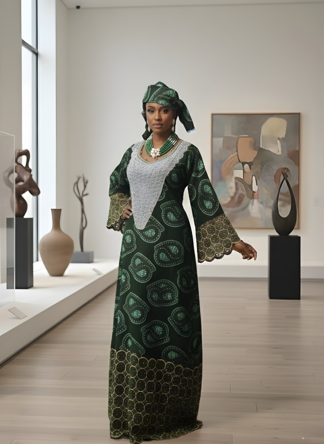 Ọpẹ́ Dress | Emerald Green Beaded Lace African Maxi Boubou