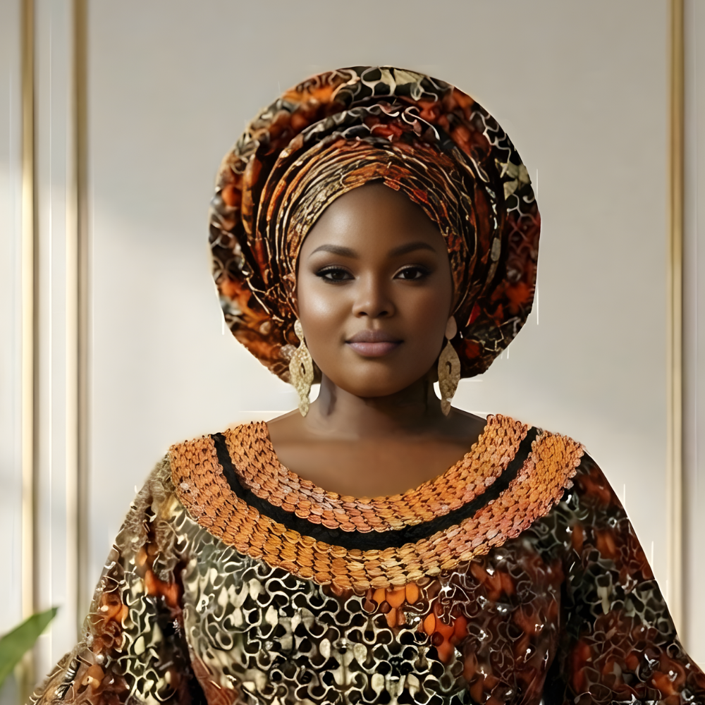 Fèyíṣà Hand-Embellished Ankara Boubou Dress | Orange & Black African Print Gown + Matching Head Tie