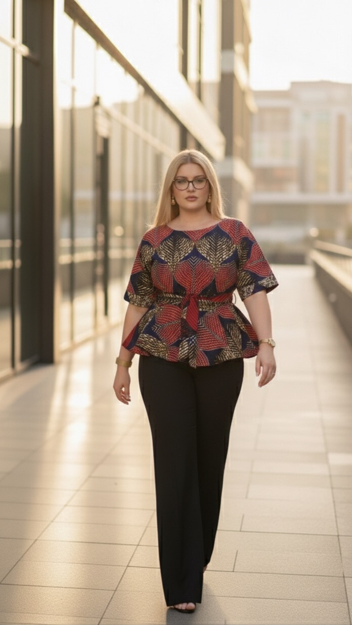 Àyóká Peplum Top | Red & Navy Ankara Fully Stoned Blouse with Gold Leaf Detail