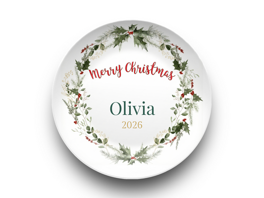 Personalized Christmas wreath dinner plate with custom name and 2026