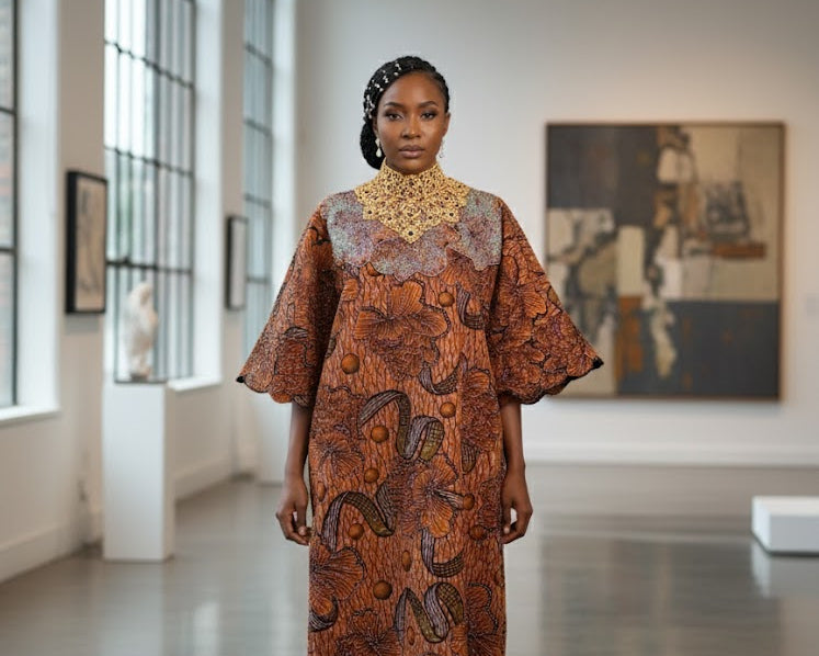 Woman in a patterned dress standing in a modern indoor setting with large windows.