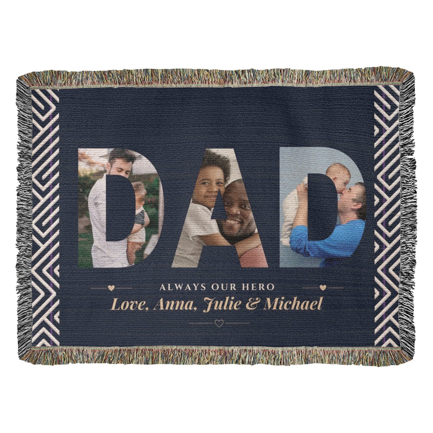 Personalized blanket with 'DAD' and family photos on a blue background