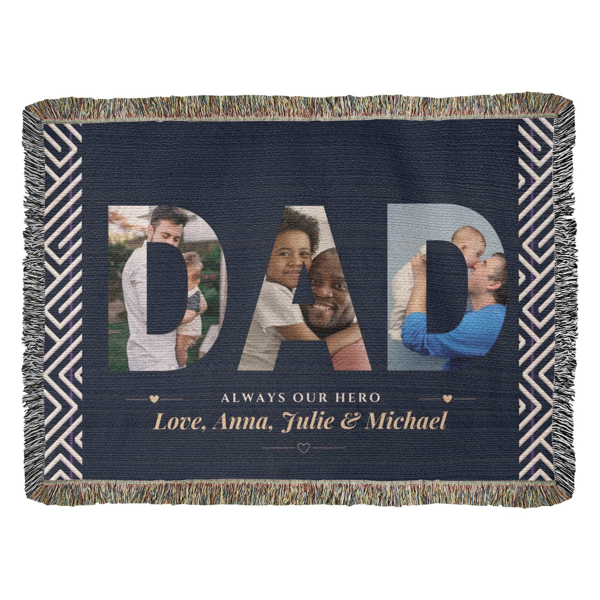 Personalized blanket with 'DAD' and family photos on a blue background