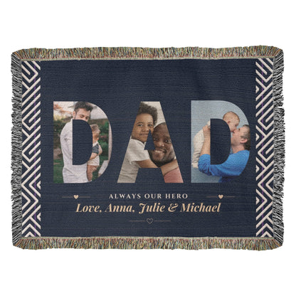 Personalized blanket with 'DAD' and family photos on a blue background