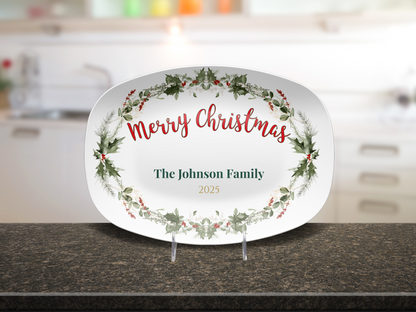 Personalized Christmas Wreath Dinnerware Set | Custom Name Plates, Bowls, Platters & Mugs