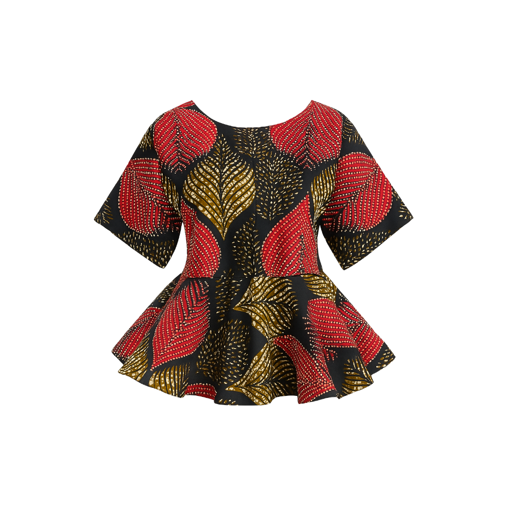 Àyóká Peplum Top  | Red & Navy Ankara Fully Stoned Blouse with Gold Leaf Detail