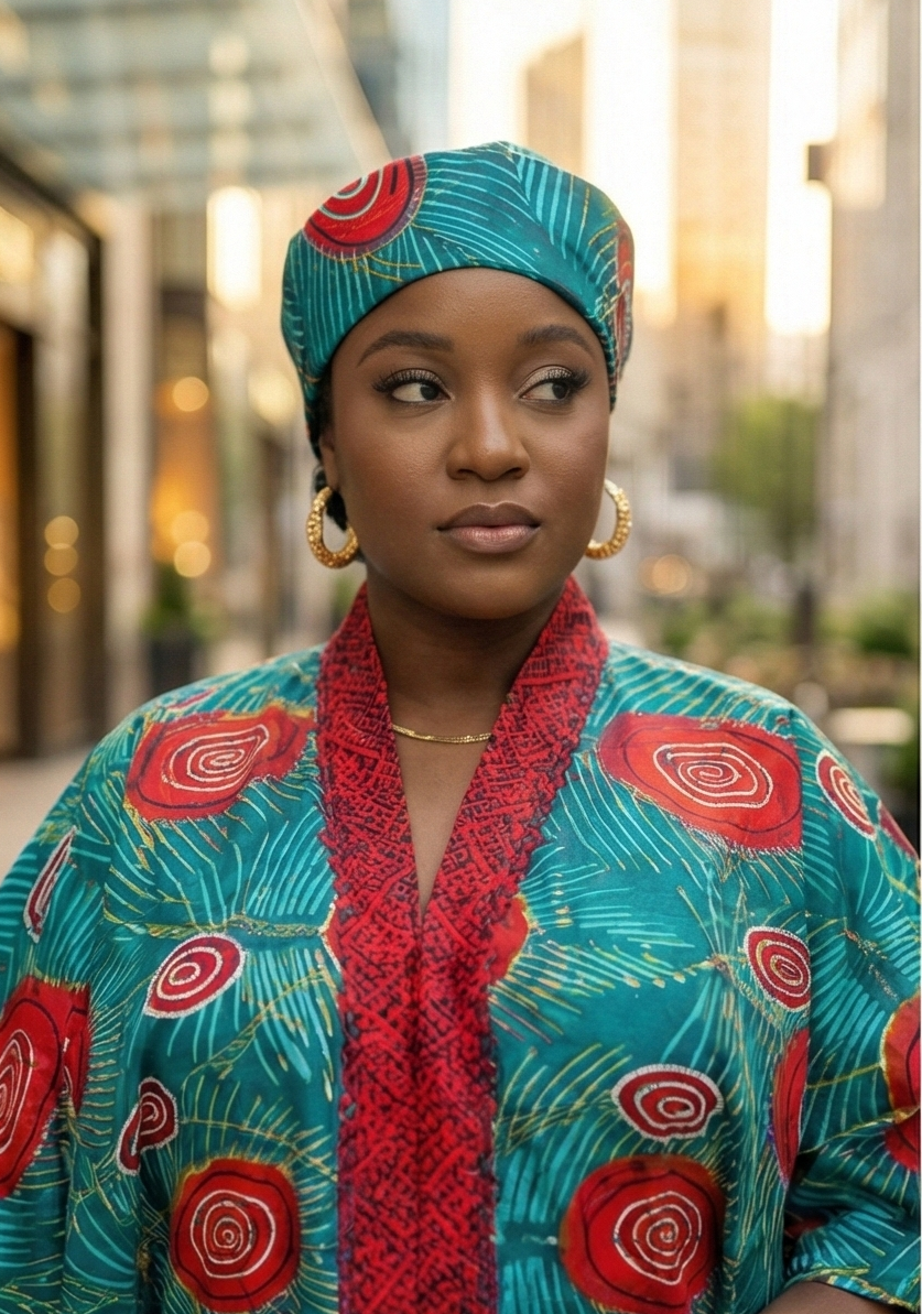 Teal and red Ankara Boubou dress with bold swirl patterns and a red textured front panel