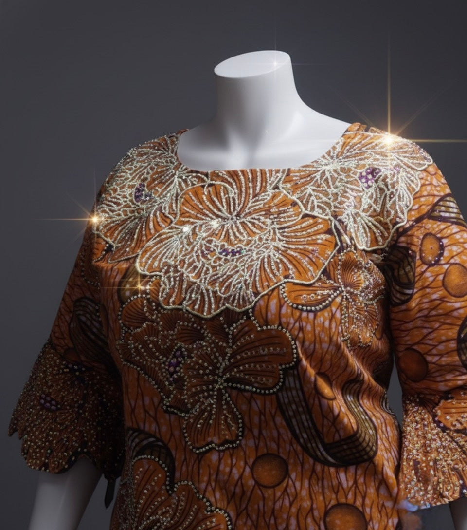 The Ayọ̀ Maxi Boubou | Handcrafted Orange Floral Ankara Dress with Rhinestone Detail | African Elegance
