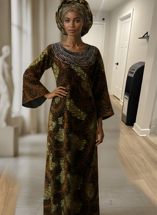 Ìfẹ́ Dress | Luxury Beaded Ankara Boubou Gown & Gele Set