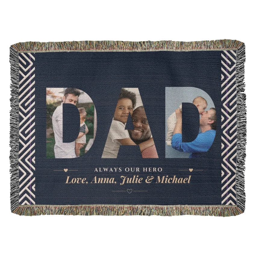 Personalized blanket with DAD and family photos on a blue background
