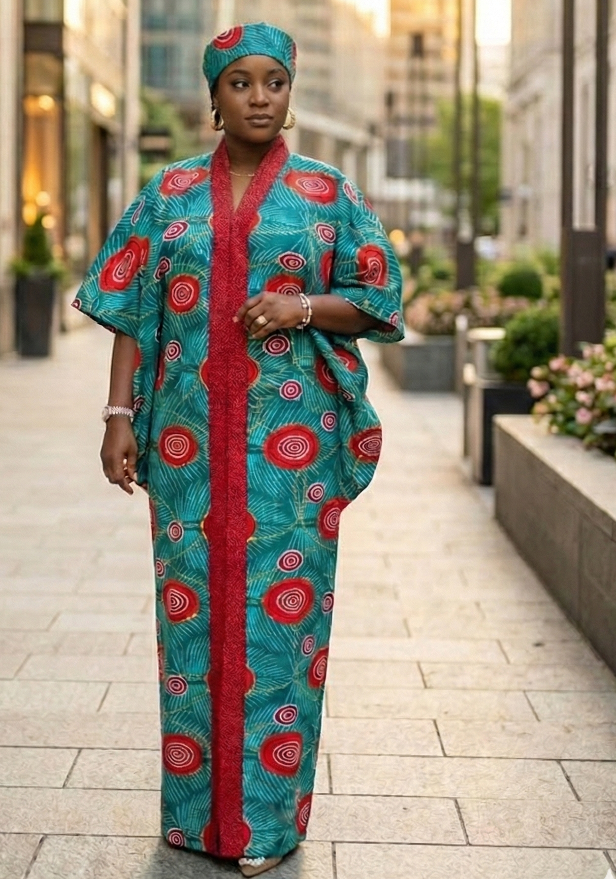 Teal and red Ankara Boubou dress with bold swirl patterns and a red textured front panel