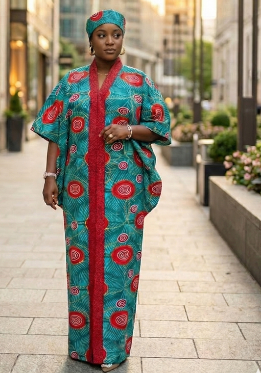 Teal and red Ankara Boubou dress with bold swirl patterns and a red textured front panel
