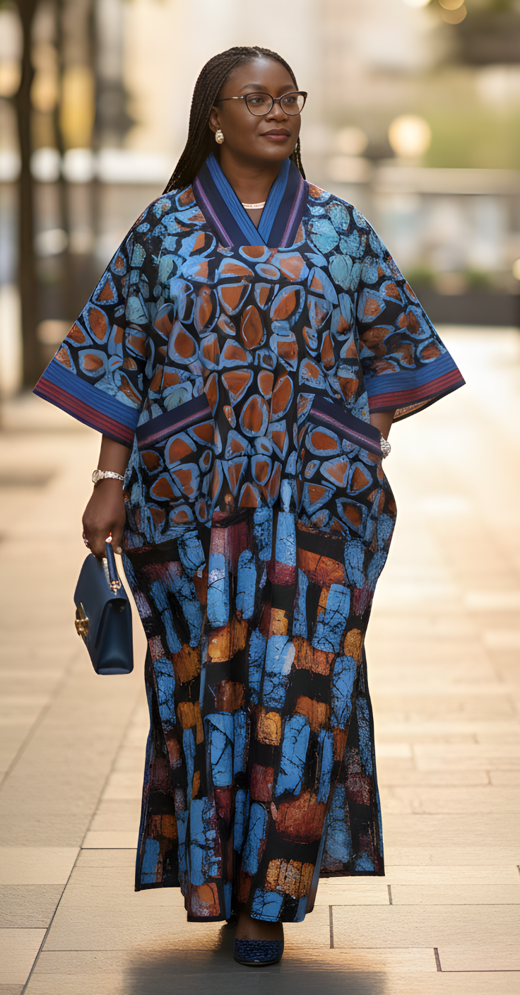 Woman wearing a blue and orange luxury batik kaftan with Aso Oke trim, walking confidently outdoors in warm evening light