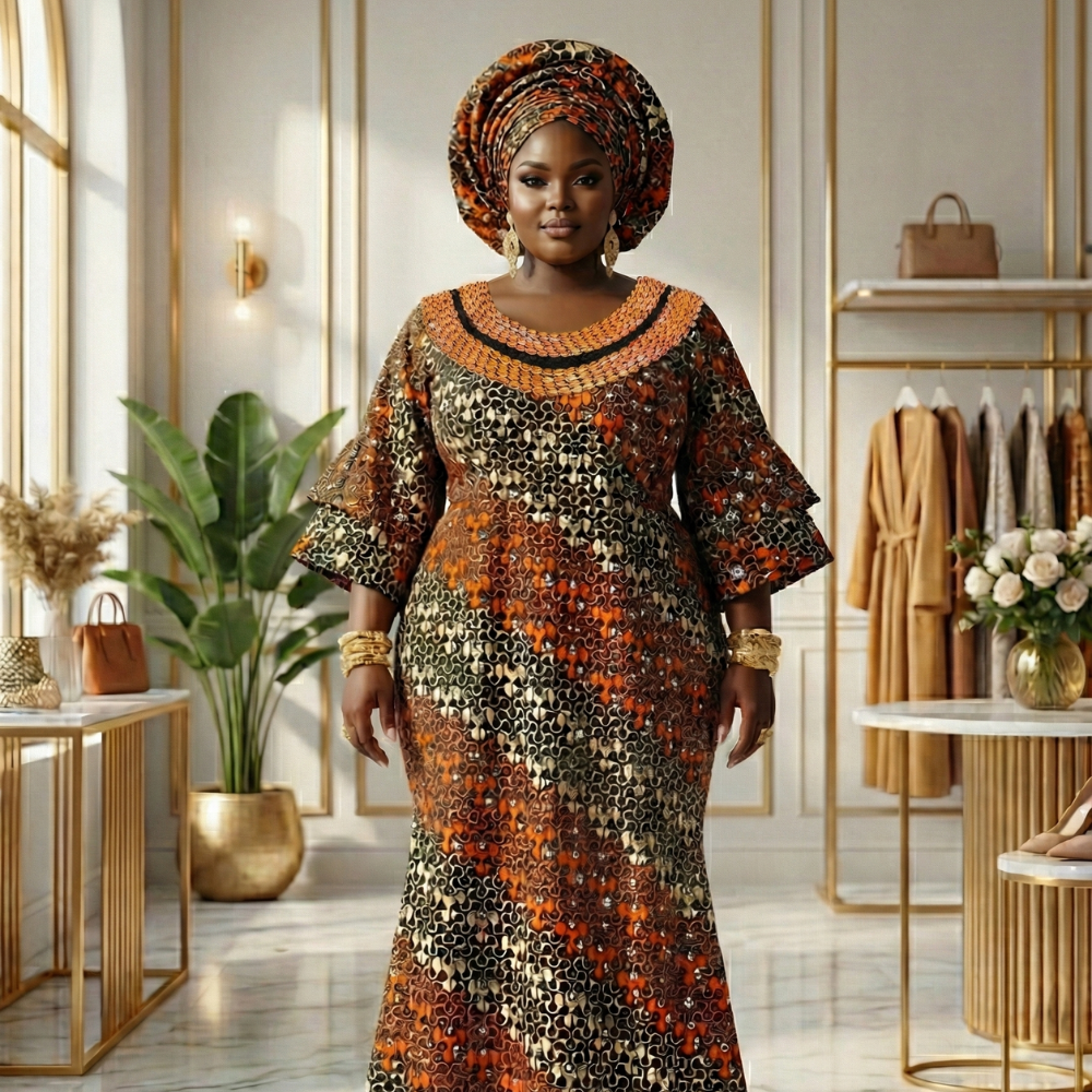 Fèyíṣà Hand-Embellished Ankara Boubou Dress | Orange & Black African Print Gown + Matching Head Tie
