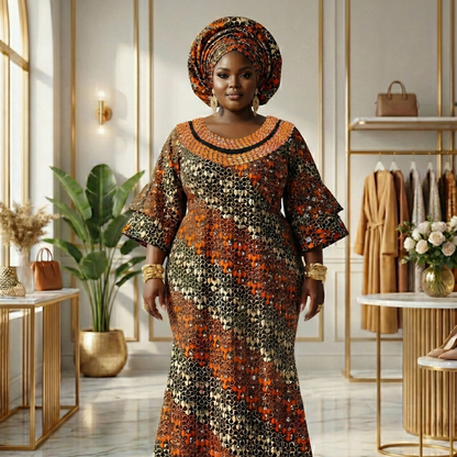 Fèyíṣà Hand-Embellished Ankara Boubou Dress | Orange & Black African Print Gown + Matching Head Tie