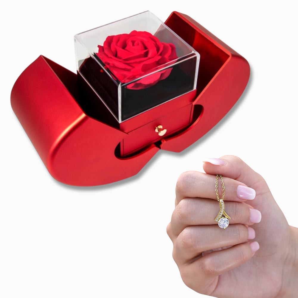 Alluring Beauty Necklace & Eternal Rose Heart Box | Romantic Jewelry Gift for Her (Wife, Girlfriend, Mom)