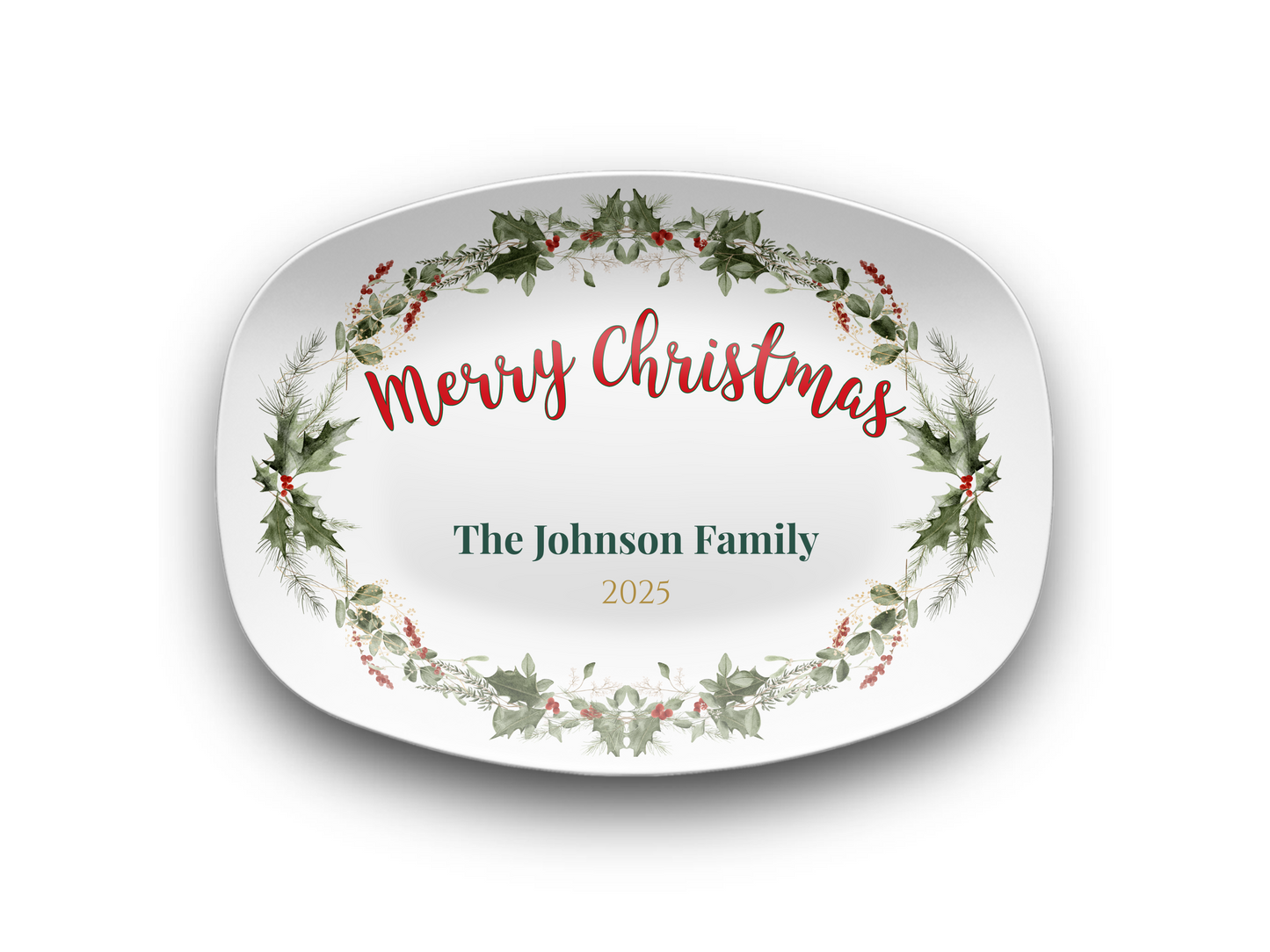 Personalized Christmas Wreath Dinnerware Set | Custom Name Plates, Bowls, Platters & Mugs