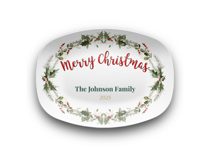 Personalized Christmas Wreath Dinnerware Set | Custom Name Plates, Bowls, Platters & Mugs