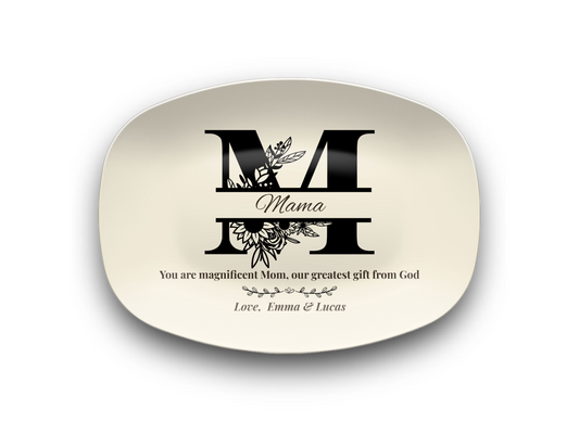 Decorative plate with 'Mama' and floral design on a white background