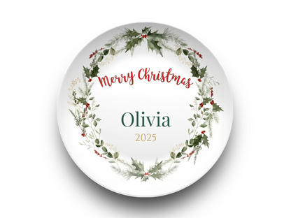 Personalized Christmas Wreath Dinnerware Set | Custom Name Plates, Bowls, Platters & Mugs