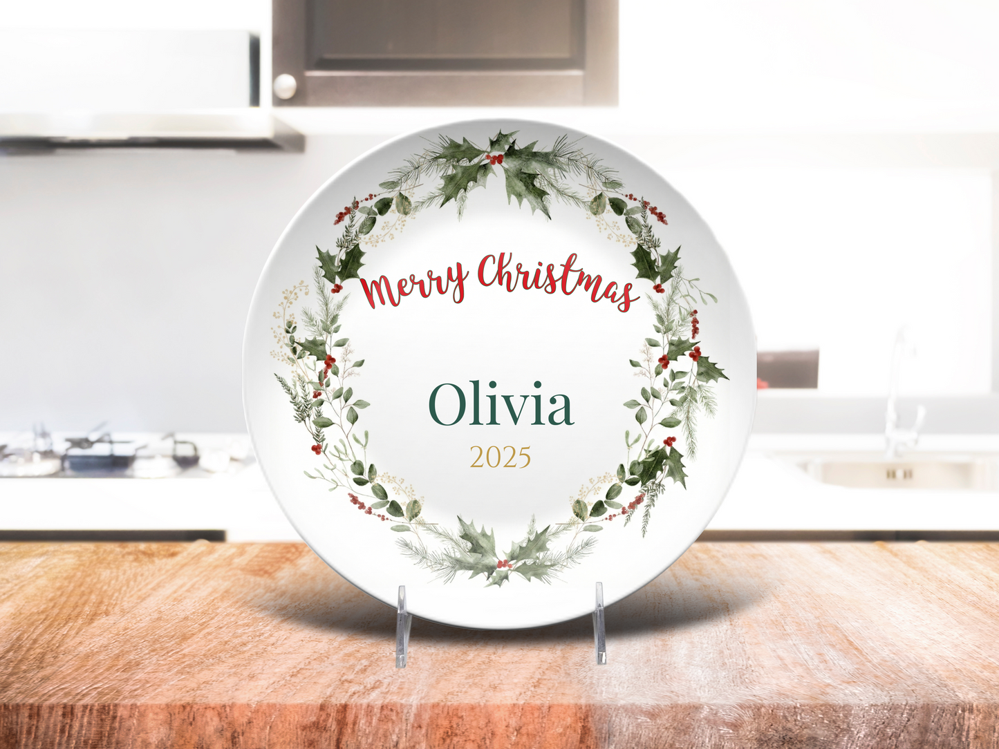 Personalized Christmas Wreath Dinnerware Set | Custom Name Plates, Bowls, Platters & Mugs
