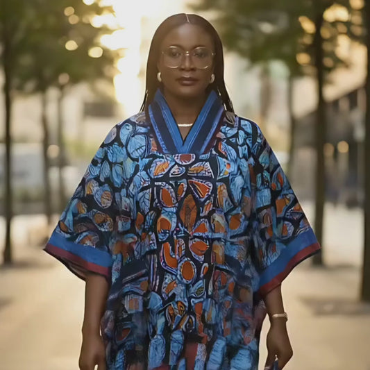 Adùnní Luxury Batik Boubou | Aso Oke Trim, African Print Dress with Matching Head Tie (2-Piece Set)